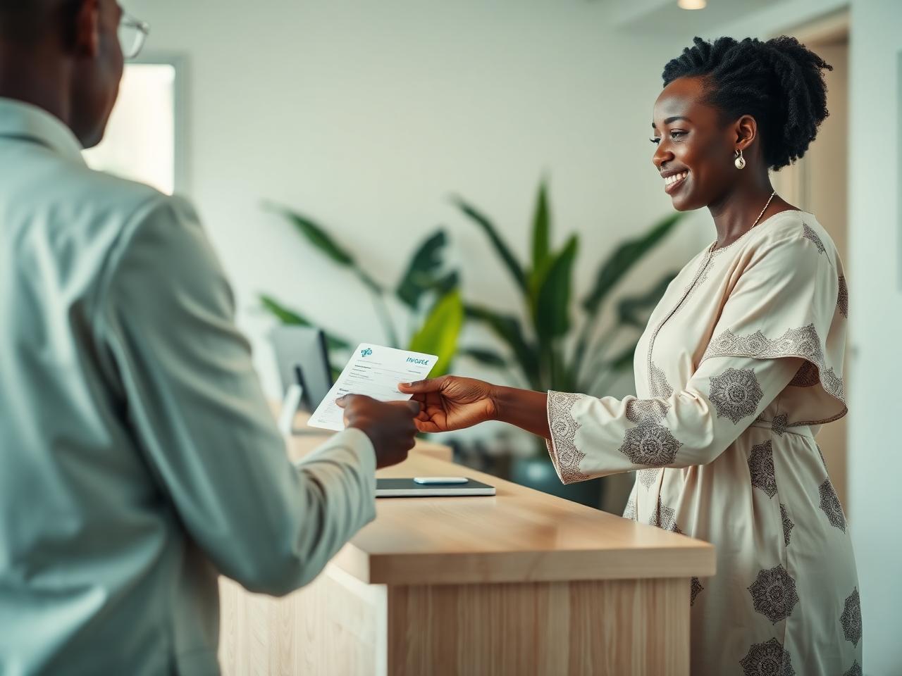 Réceptionniste en boubou remettant une facture à un patient à l'accueil d'un centre de santé